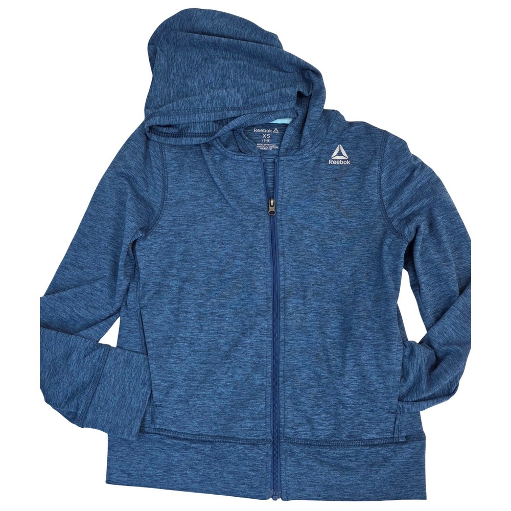 Reebok Unisex Blue Heathered Full Zip Hoodie Jacket XS 6-8 Space Dye Performance